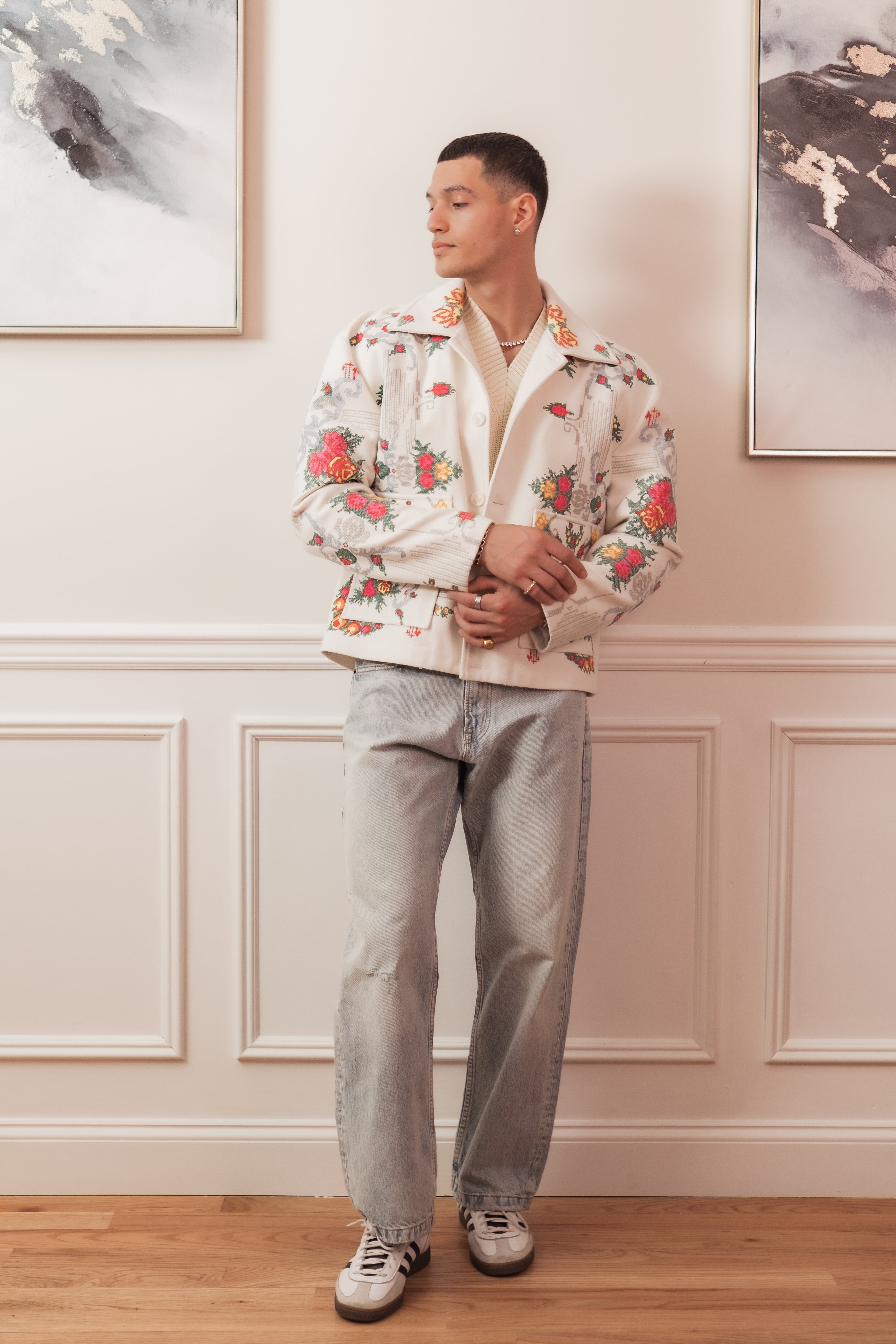 Floral Cross Stitch Jacket - White/Green/Pink