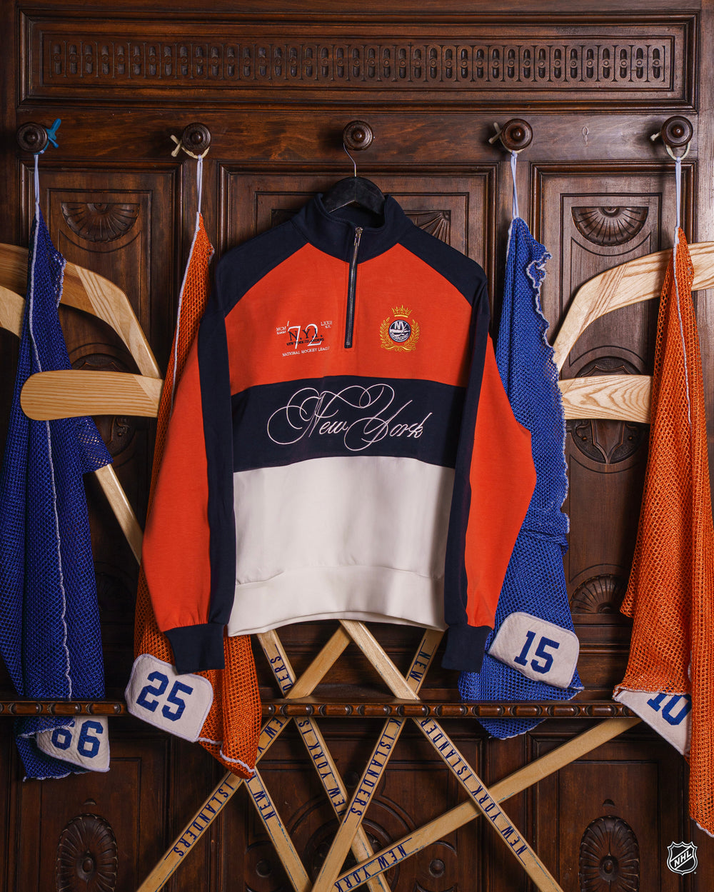 New York Islanders Primary Mock Neck Quarter Zip Sweater — Orange, Navy, & White