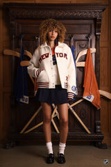 Islanders cream varsity jacket — model front view