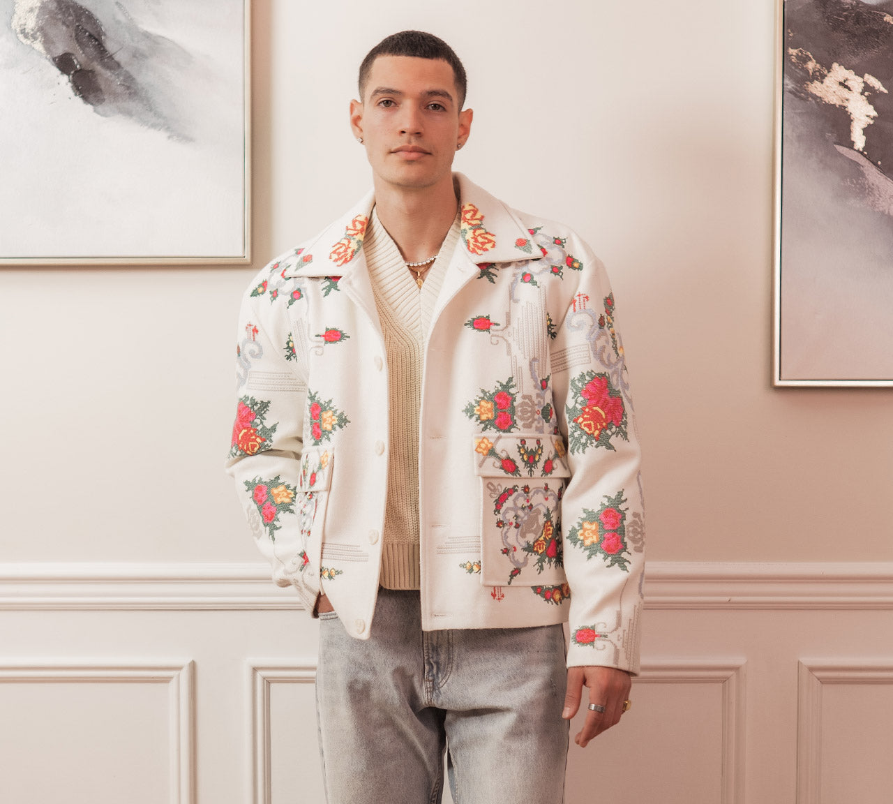 Floral Cross Stitch Jacket - White/Green/Pink