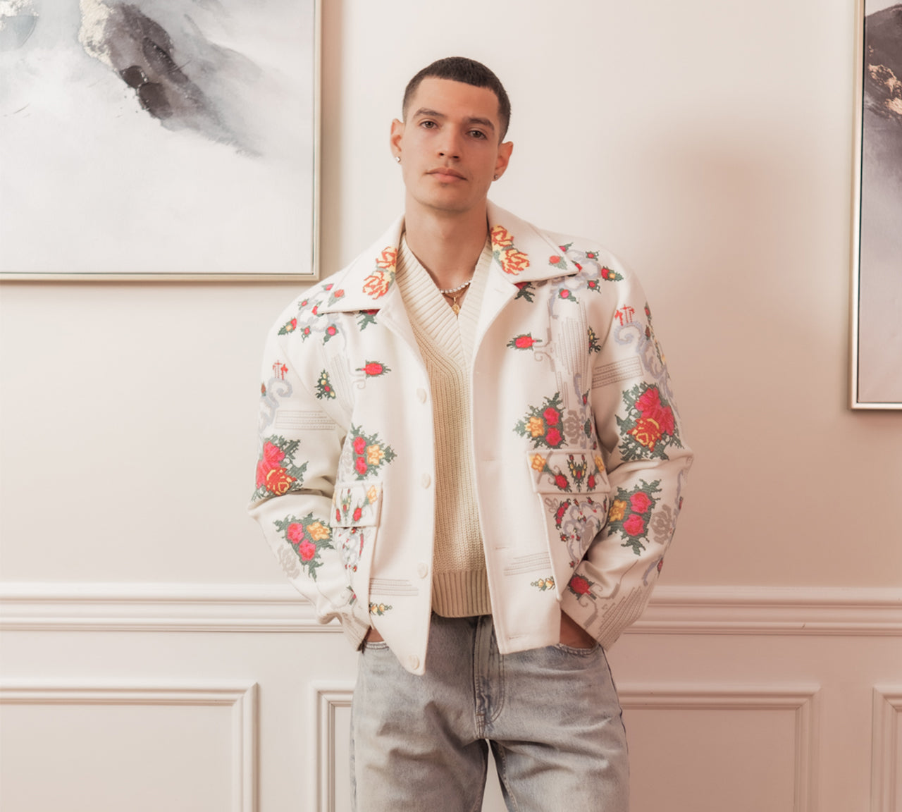 Floral Cross Stitch Jacket - White/Green/Pink