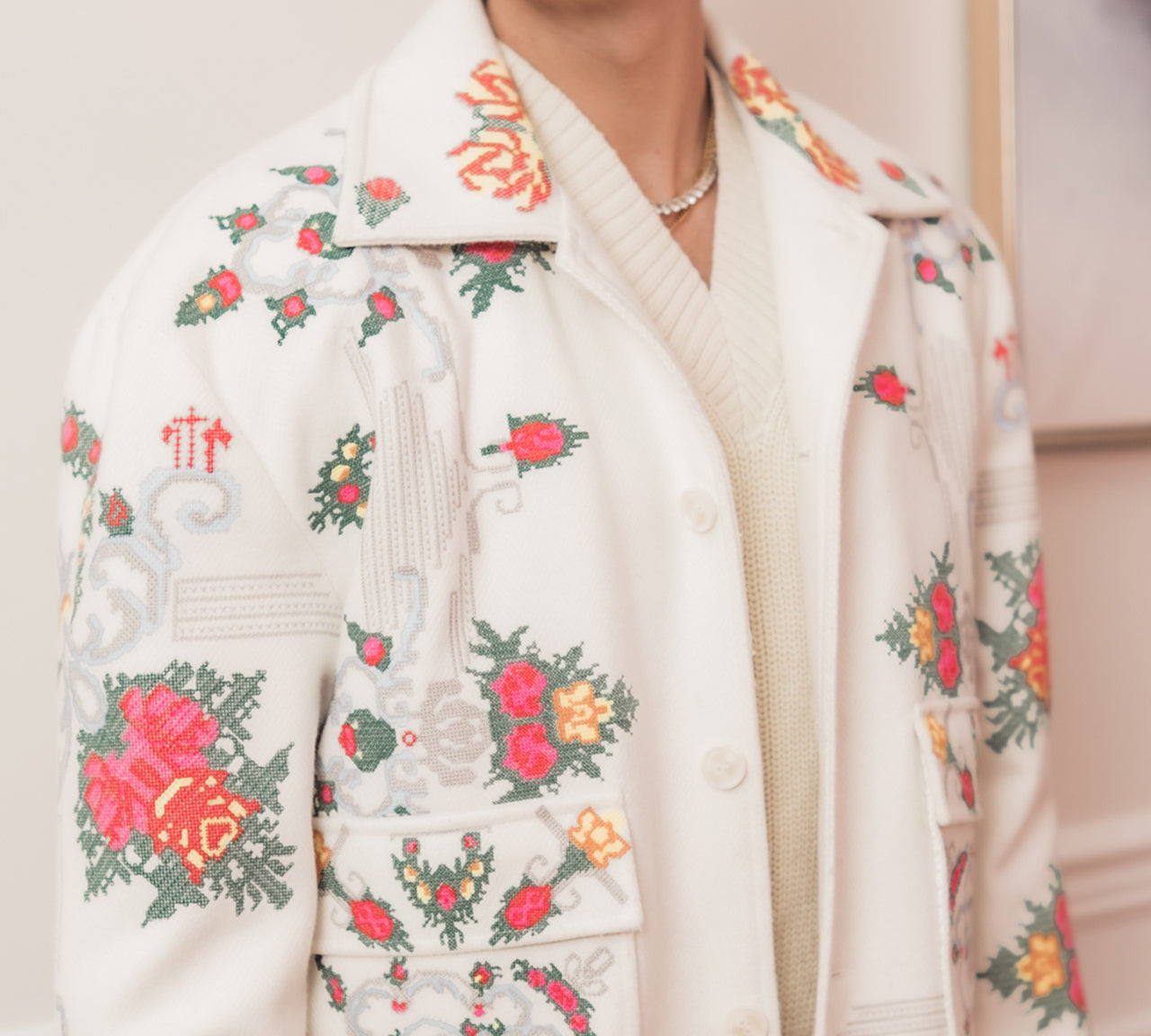 Floral Cross Stitch Jacket - White/Green/Pink