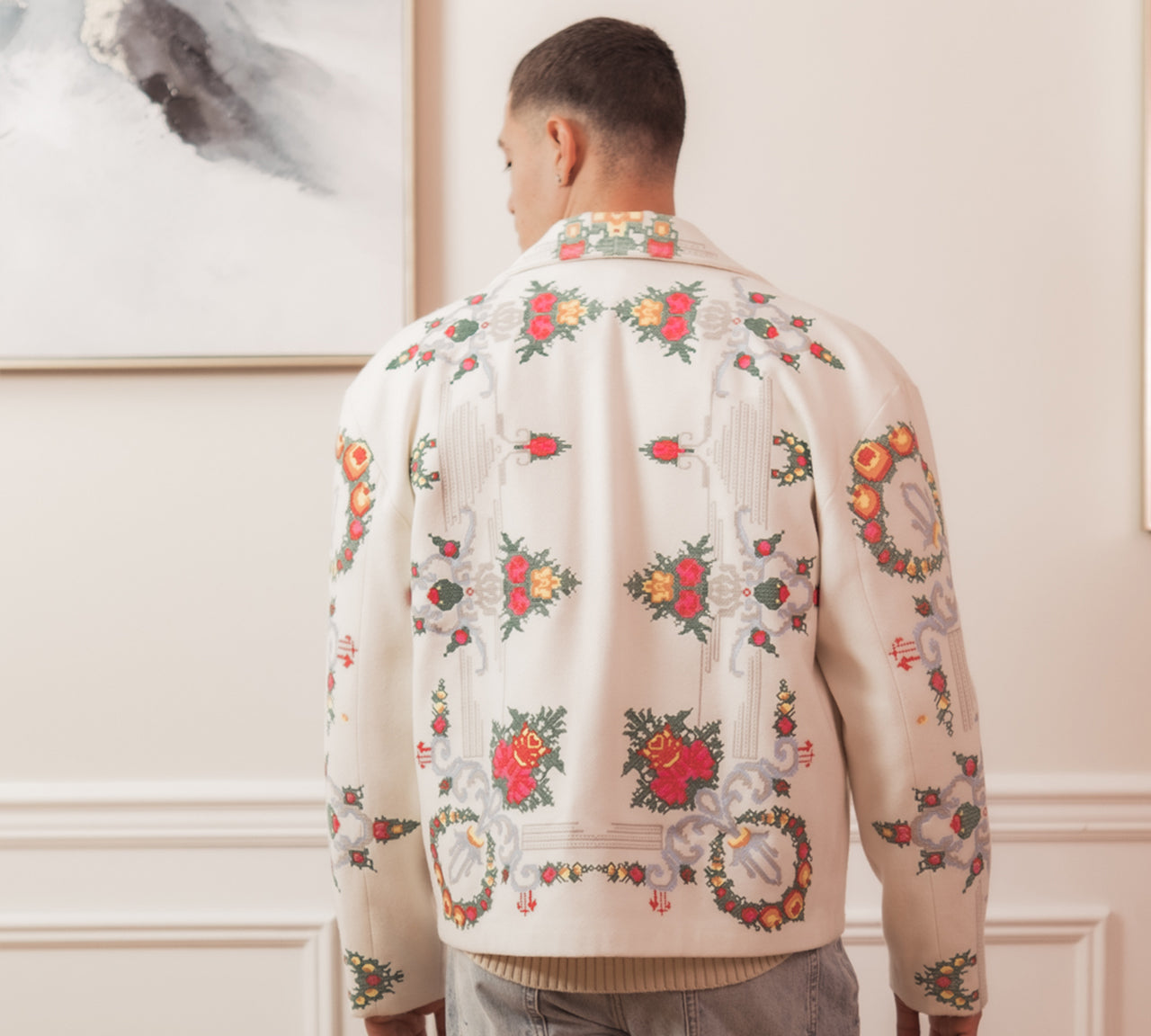 Floral Cross Stitch Jacket - White/Green/Pink