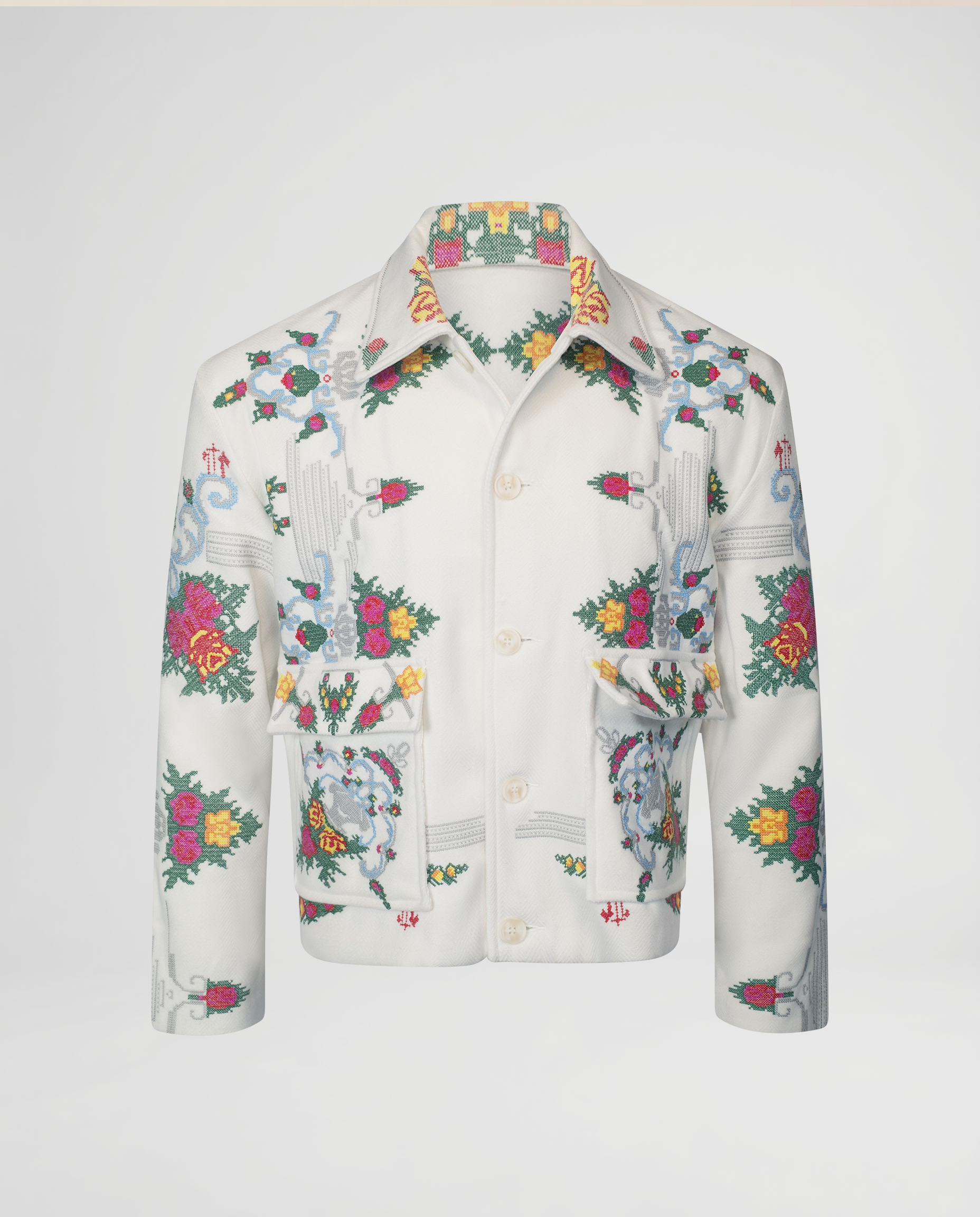 Floral Cross Stitch Jacket - White/Green/Pink Kevin Leonel Floral Cross Stitch Jacket - White/Green/Pink Kevin Leonel