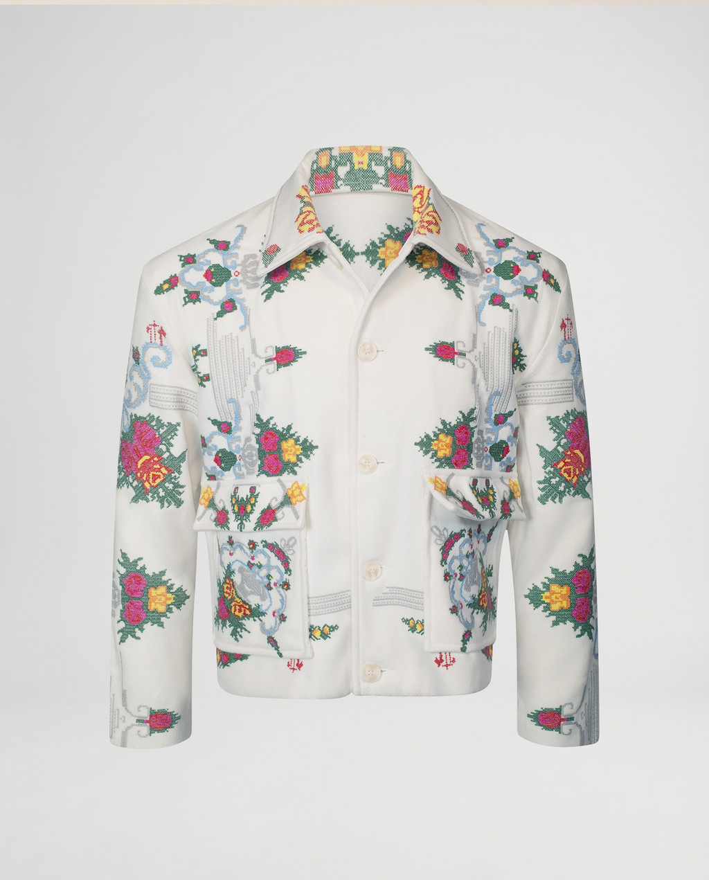Floral Cross Stitch Jacket - White/Green/Pink