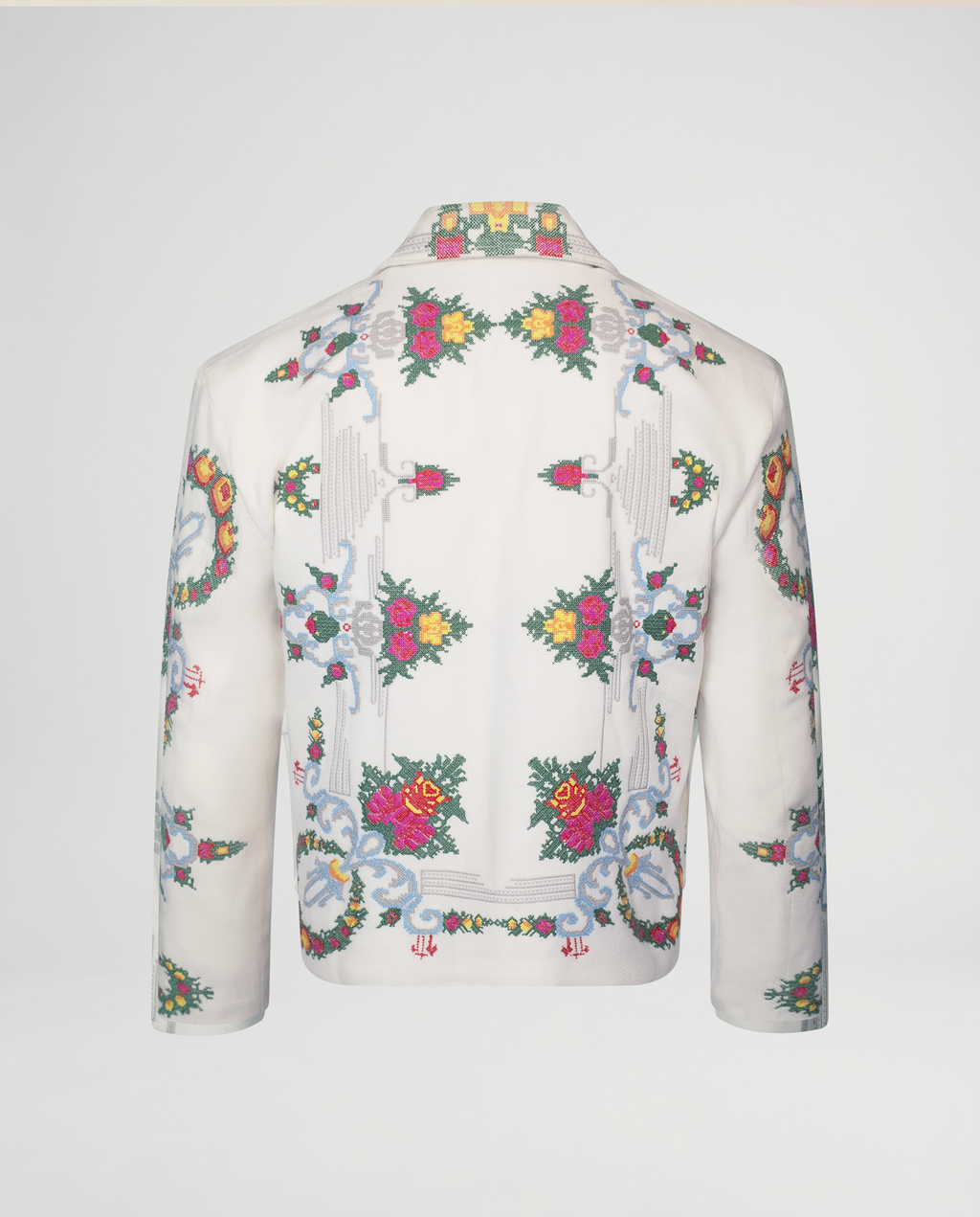Floral Cross Stitch Jacket - White/Green/Pink