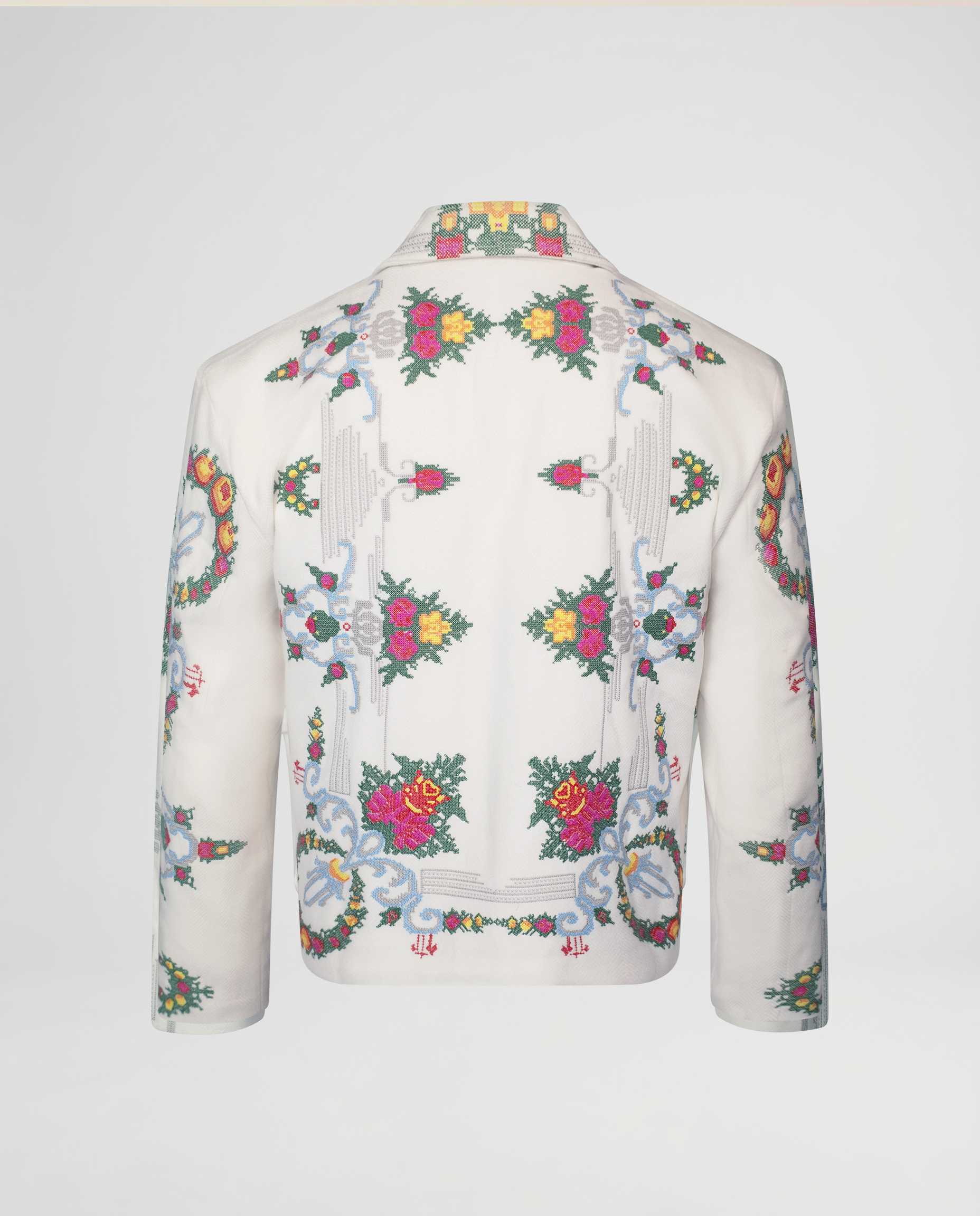Floral Cross Stitch Jacket - White/Green/Pink